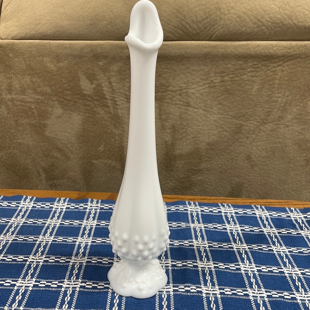 Fenton milk glass swung vase with hobnail 11”